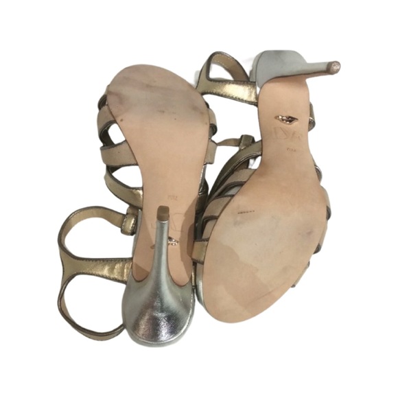 Diane Von Furstenberg Metallic Gold Silver Strappy Heels Size 7.5M Vintage - Picture 8 of 8